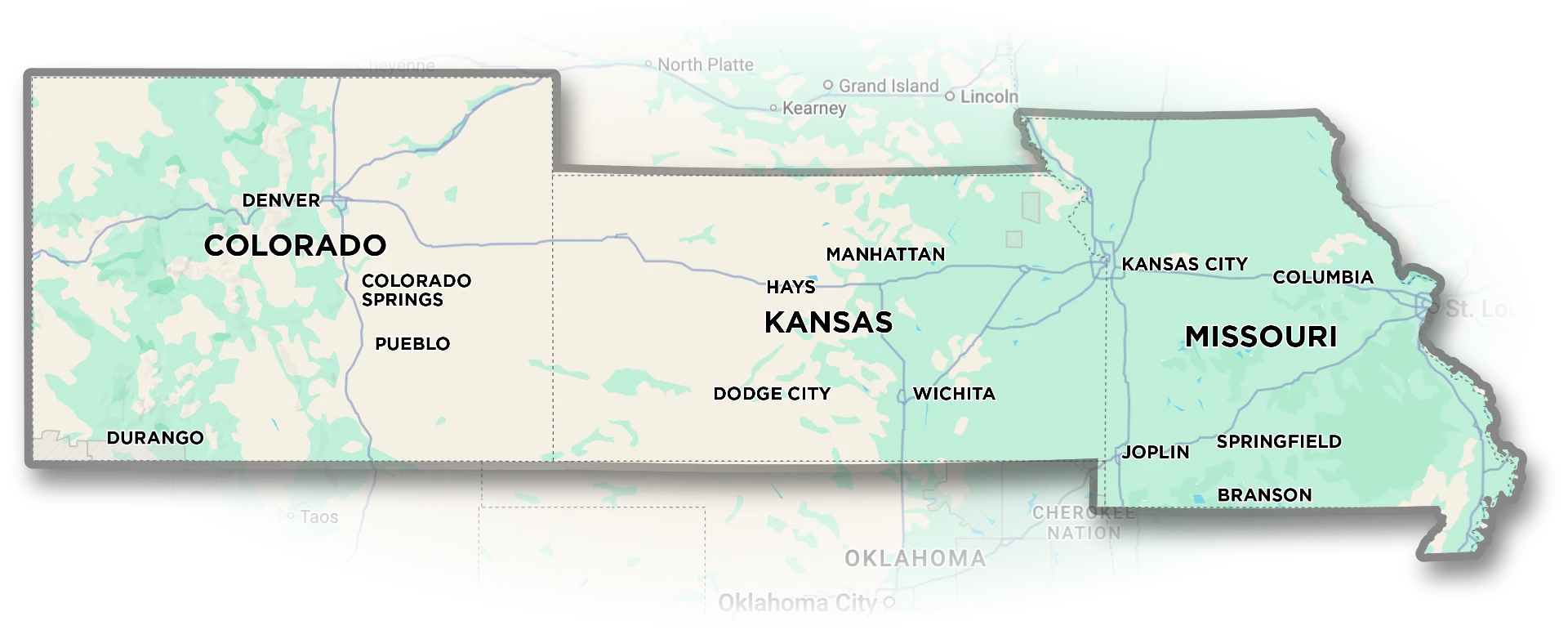 Map of Colorado, Kansas, and Missouri — the states where M. Blanton Law is licensed